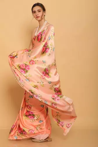 peach printed satin saree with blouse piece