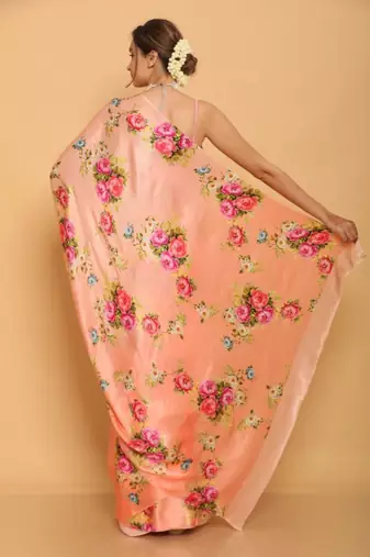 peach printed satin saree with blouse piece