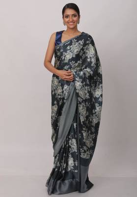 grey printed satin saree with blouse piece 3