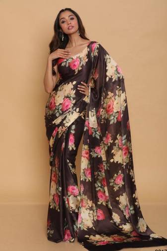 multicolor printed satin saree with blouse piece