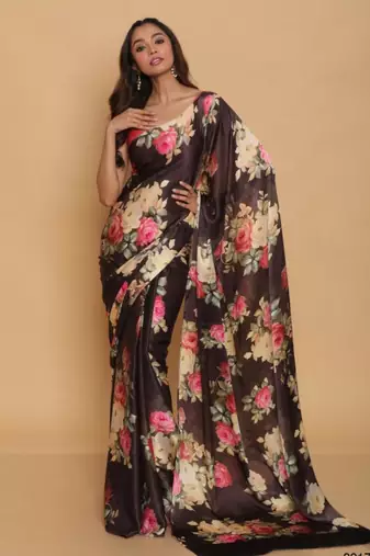 multicolor printed satin saree with blouse piece