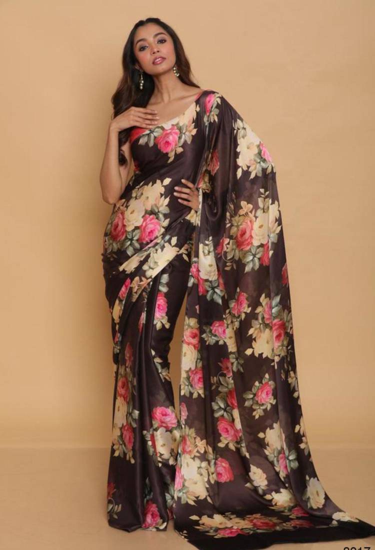 multicolor printed satin saree with blouse piece