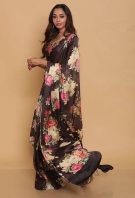 multicolor printed satin saree with blouse piece 2