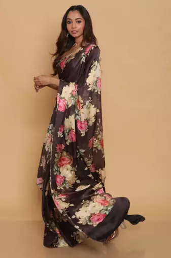 multicolor printed satin saree with blouse piece