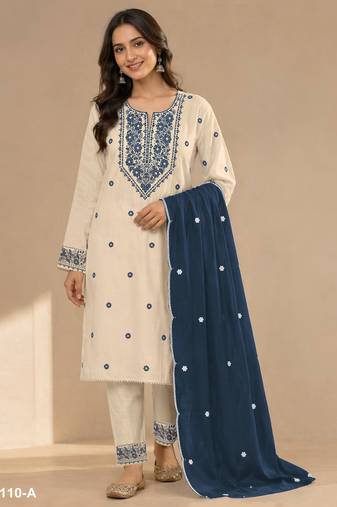 Chickoo color embroideried cotton blend semi stitched salwar suit