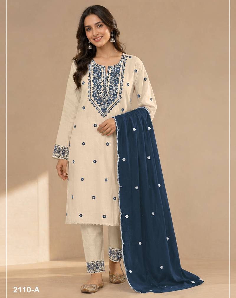 Chickoo color embroideried cotton blend semi stitched salwar suit