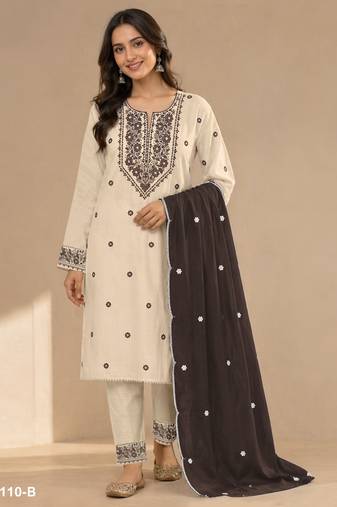 Chickoo color embroideried cotton blend semi stitched salwar suit