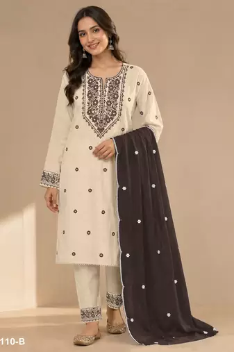 Chickoo color embroideried cotton blend semi stitched salwar suit