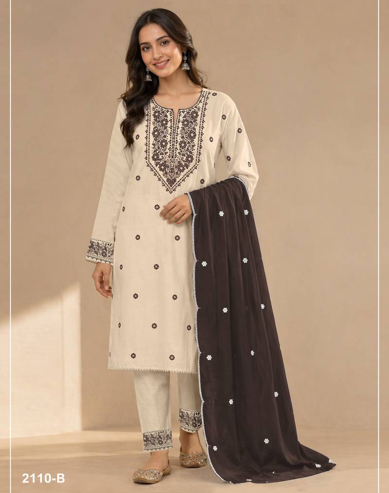 Chickoo color embroideried cotton blend semi stitched salwar suit