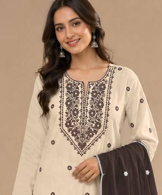 Chickoo embroidered cotton blend salwar suit 2