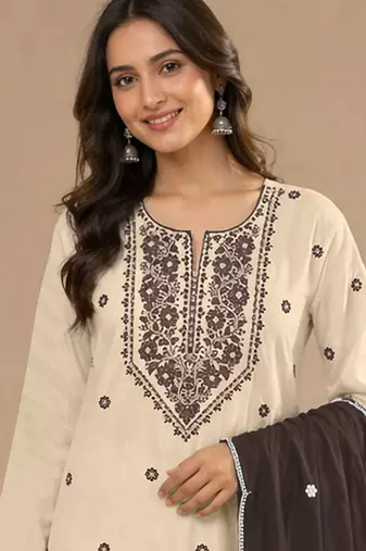 Chickoo embroidered cotton blend salwar suit