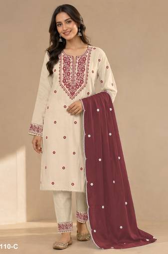Chickoo color embroideried cotton blend semi stitched salwar suit