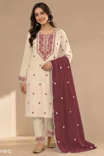 Chickoo color embroideried cotton blend semi stitched salwar suit