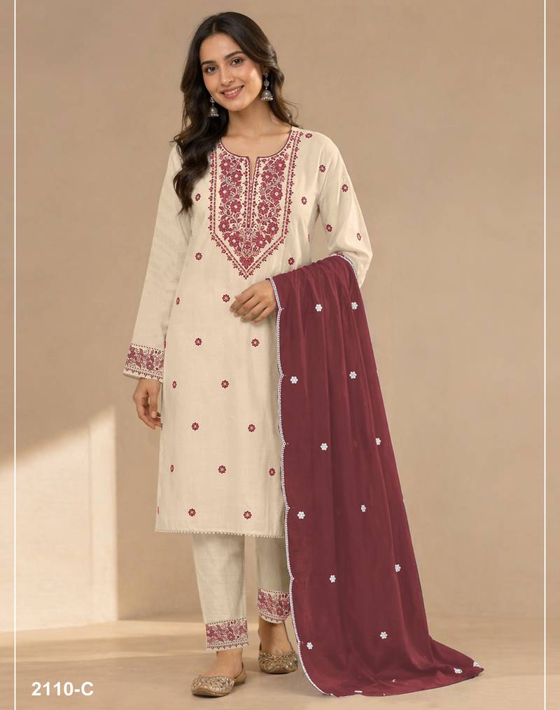 Chickoo color embroideried cotton blend semi stitched salwar suit