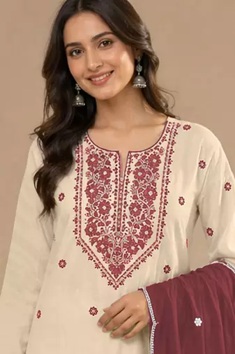 Chickoo embroidered cotton blend salwar suit