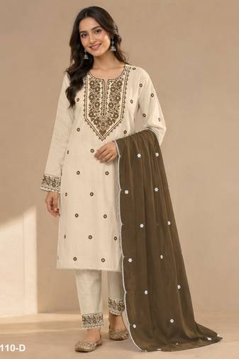 Chickoo color embroideried cotton blend semi stitched salwar suit