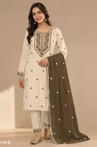 Chickoo color embroideried cotton blend semi stitched salwar suit