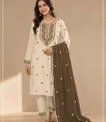 Chickoo color embroideried cotton blend semi stitched salwar suit