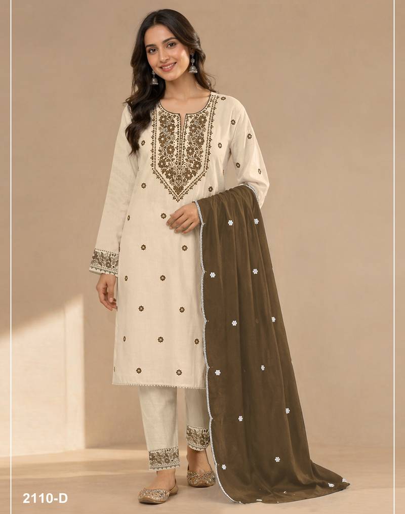Chickoo color embroideried cotton blend semi stitched salwar suit