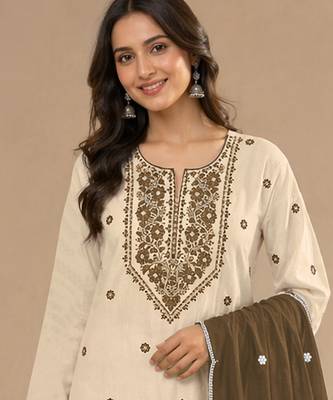 Chickoo embroidered cotton blend salwar suit 2