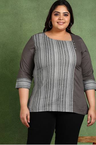 plus size women’s cotton printed top asymmetric round neck, 3/4 sleeves (grey)