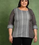 plus size women   s cotton printed top asymmetric round neck, 3/4 sleeves (grey)