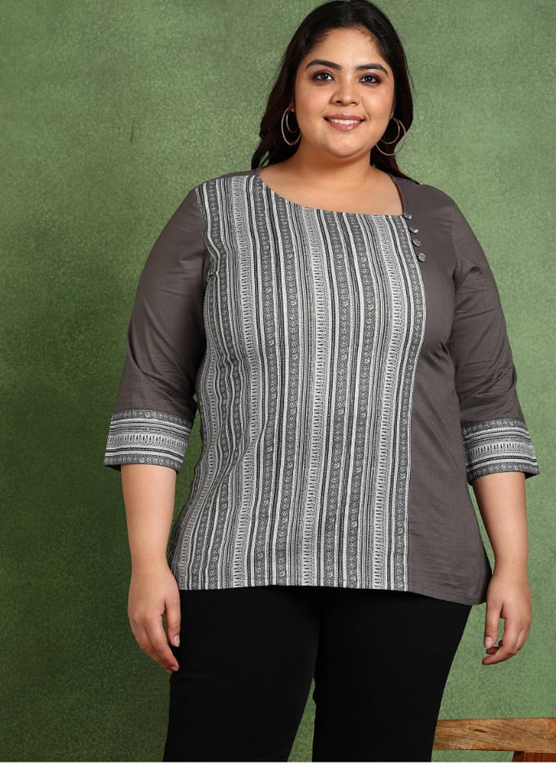 plus size women’s cotton printed top asymmetric round neck, 3/4 sleeves (grey)