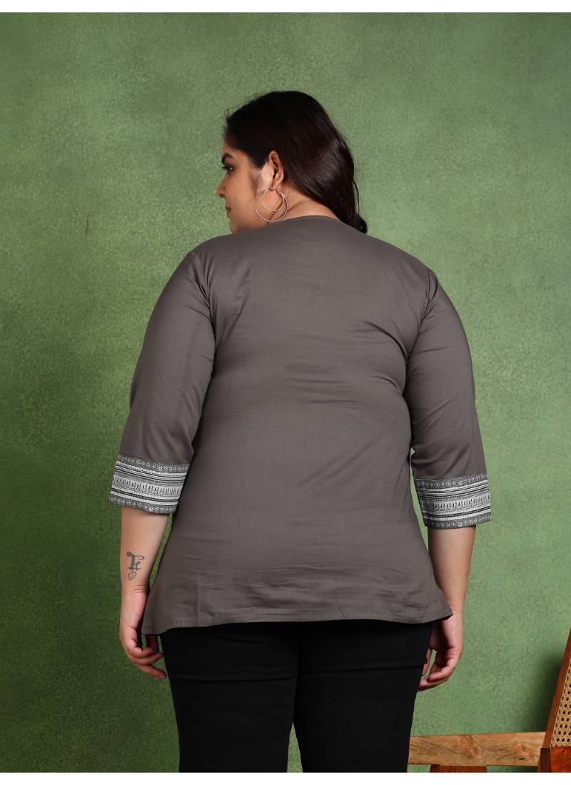 plus size women   s cotton printed top asymmetric round neck, 3/4 sleeves (grey)
