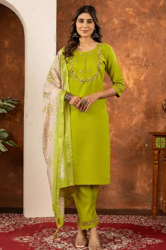 Perrot green embroidered  marina silk straight kurti pant dupatta set