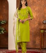 Perrot green embroidered  marina silk straight kurti pant dupatta set
