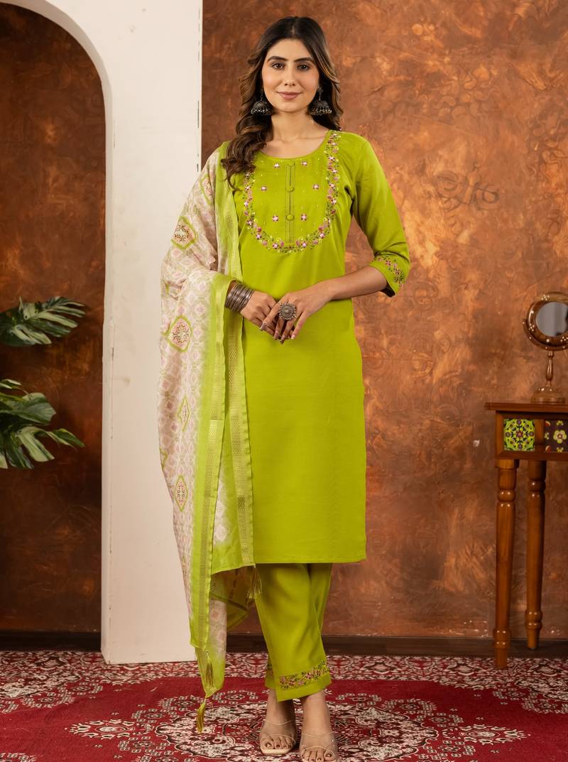 Perrot green embroidered  marina silk straight kurti pant dupatta set