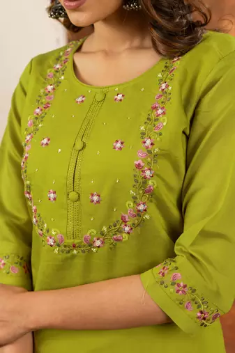 Perrot green embroidered  marina silk straight kurti pant dupatta set
