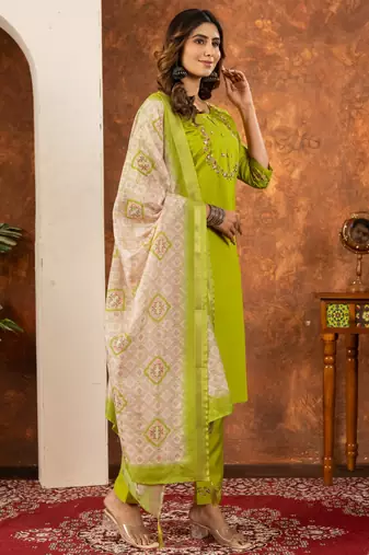 Perrot green embroidered  marina silk straight kurti pant dupatta set