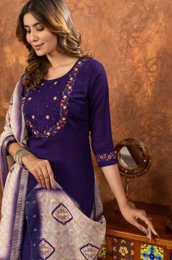 Purple embroidered  marina silk straight kurti pant dupatta set