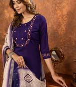 Purple embroidered  marina silk straight kurti pant dupatta set