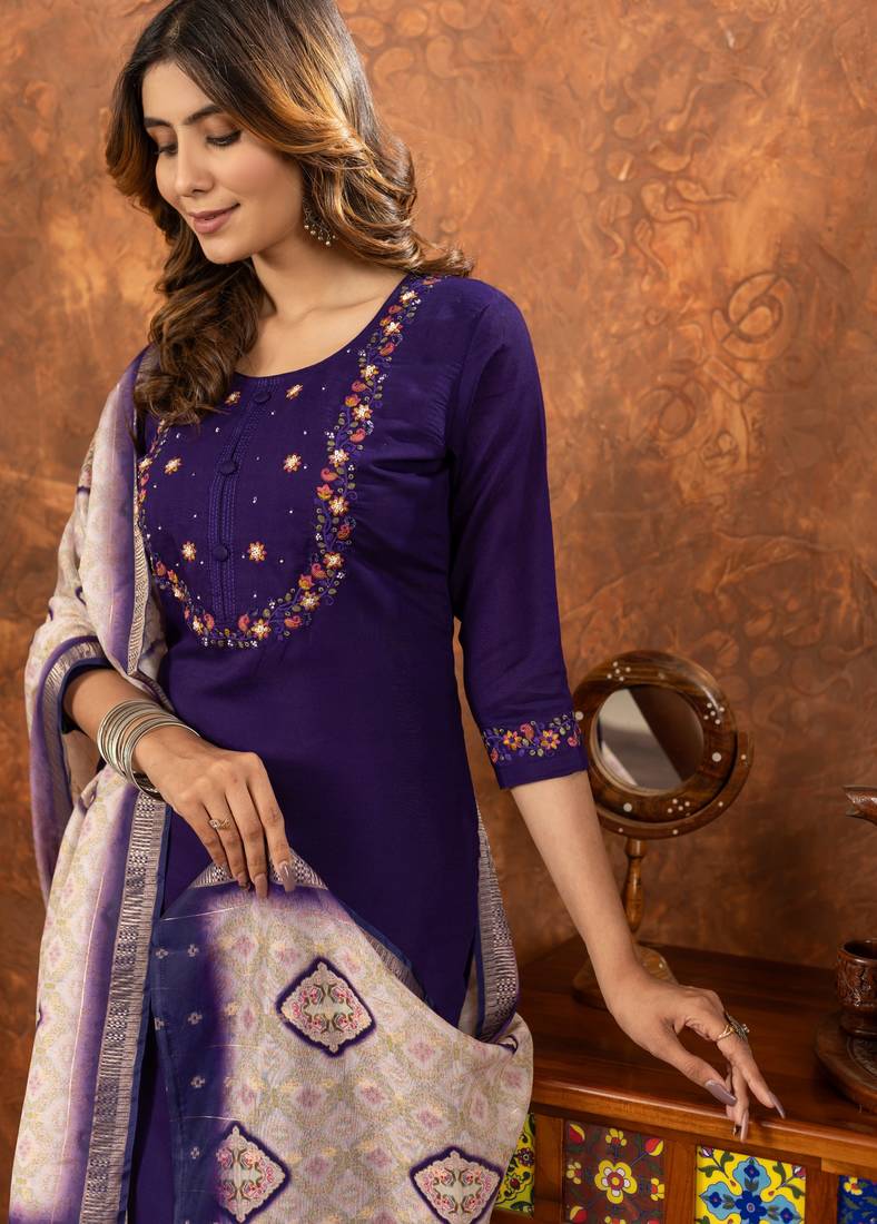 Purple embroidered  marina silk straight kurti pant dupatta set