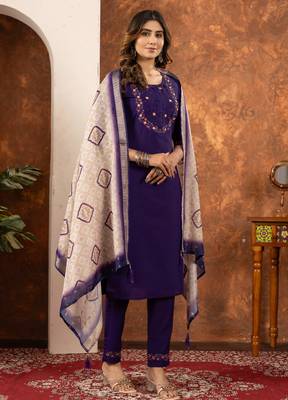 purple silk blend kurti pant dupatta set with embroidery 2