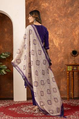 purple silk blend kurti pant dupatta set with embroidery 3