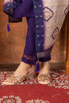 purple silk blend kurti pant dupatta set with embroidery 4