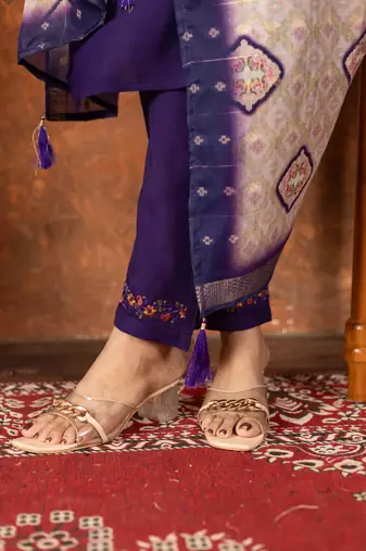 purple silk blend kurti pant dupatta set with embroidery