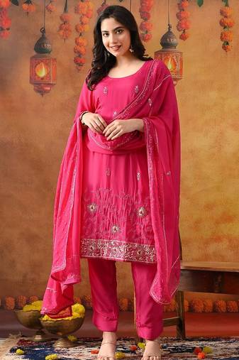 Hot pink organza plain kurta set