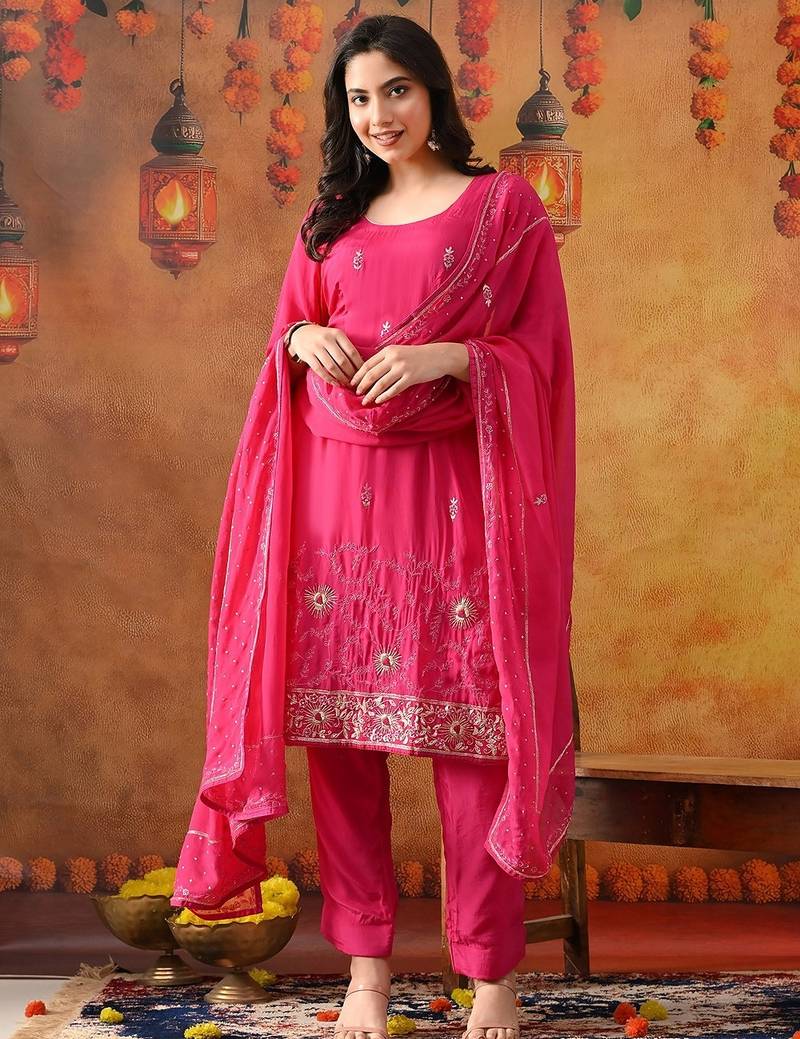 Hot pink organza plain kurta set