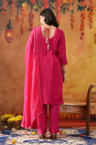 Hot pink organza plain kurta set