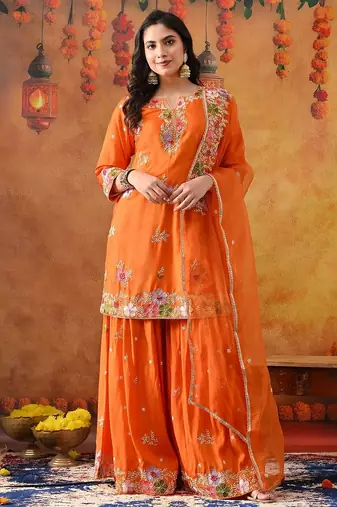 Orange silk embroidered gharara set