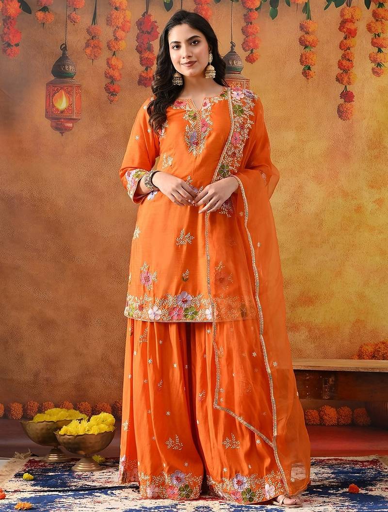 Orange silk embroidered gharara set
