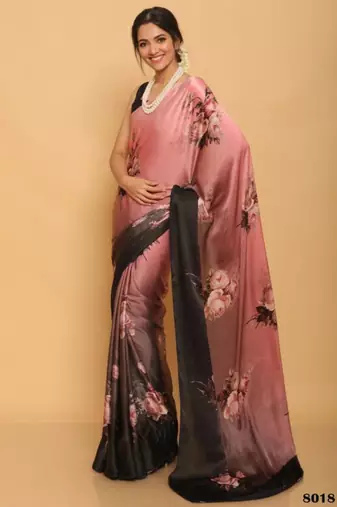 pink floral printed satin saree with black blouse piece