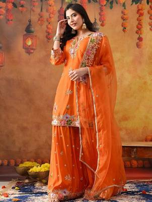 Orange silk embroidered gharara set 2