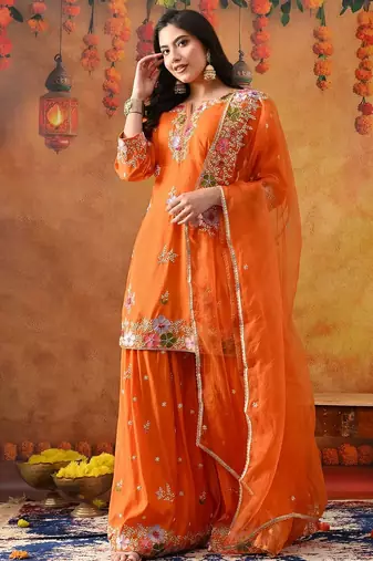 Orange silk embroidered gharara set