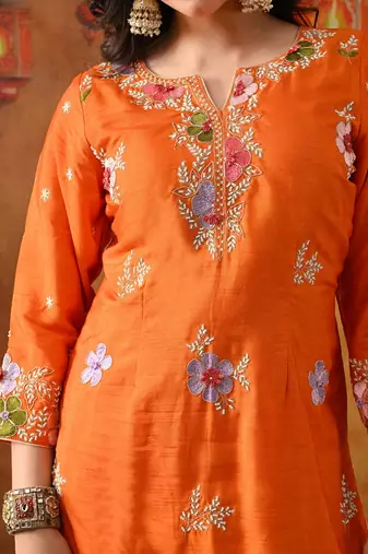 Orange silk embroidered gharara set