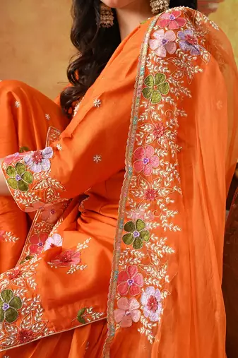 Orange silk embroidered gharara set
